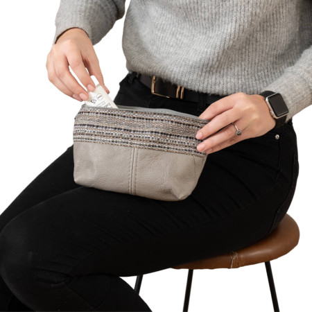 Leather Pouch with Fabric - Grey