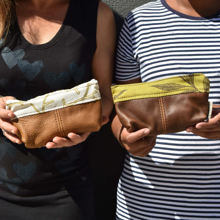 Leather Pouch with Fabric - Grey - 3