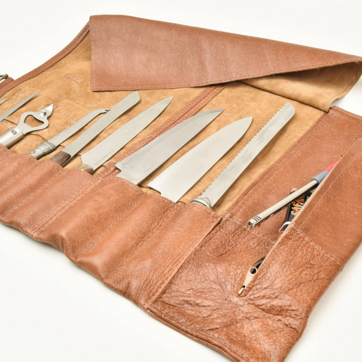 Leather Knife Roll Bag (Utility Roll) - Taupe - 5