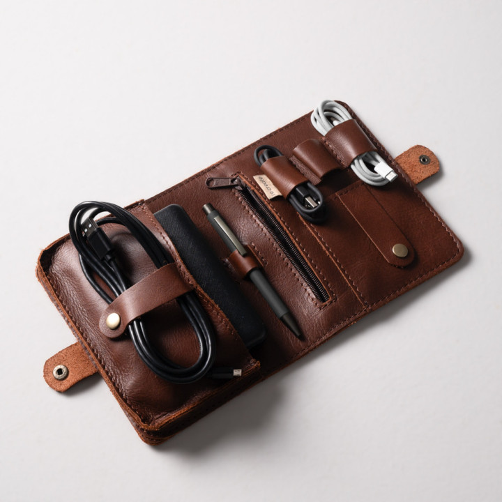 Leather Cable & Tech Organiser (Electronic Travel Pouch) - Tobacco - 8